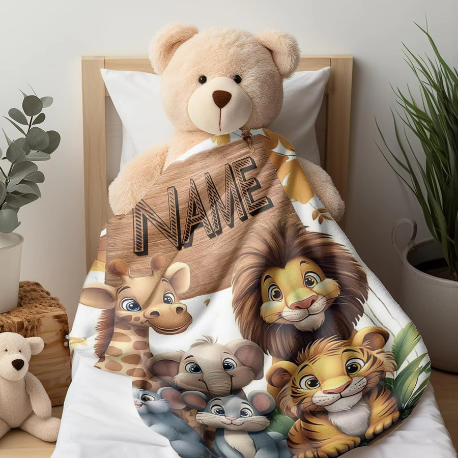 VIKAMA Waldtier-Decke mit Giraffen- und Löwenmuster in Multicolour, weiche Kuscheldecke für das Kinderzimmer, B/T: 90 x 60 cm - Bild 5