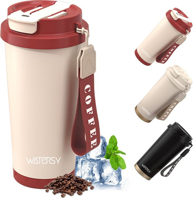 WATERSY Thermobecher aus Edelstahl mit Deckel und Strohhalm, rote Kaffeetasse, 530 ml - Bild 1