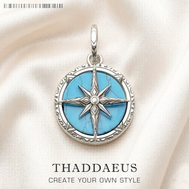 Thaddaeus Kompass-Türkis-Anhänger, 925 Silber, Unisex, Vintage - Bild 1