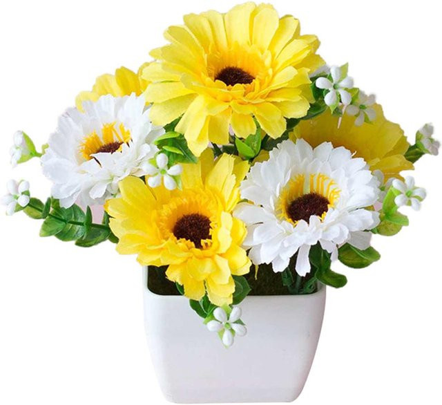 Künstliche Chrysanthemenblume mit Schleierkraut in gelber Farbe im Holztopf von AVE zur Dekoration - Bild 1