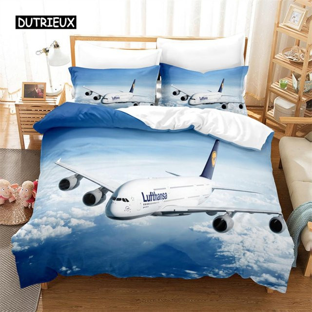 Bettwäsche-Set mit Flugzeug-Motiv in Blau von Binchi Outdoor Product, 3D-Digitaldruck aus Mikrofaser, B/H: 140 x 210 cm - Bild 1