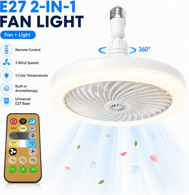 Pzsunly 2-in-1 Deckenventilator mit LED-Beleuchtung und Fernbedienung, E27 Konverter-Sockel, Weiß - Bild 1