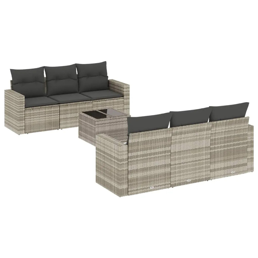 vidaXL 7-tlg. Garten-Sofagarnitur in L-Form aus Poly-Rattan in Hellgrau mit Tisch und Kissen - Bild 2
