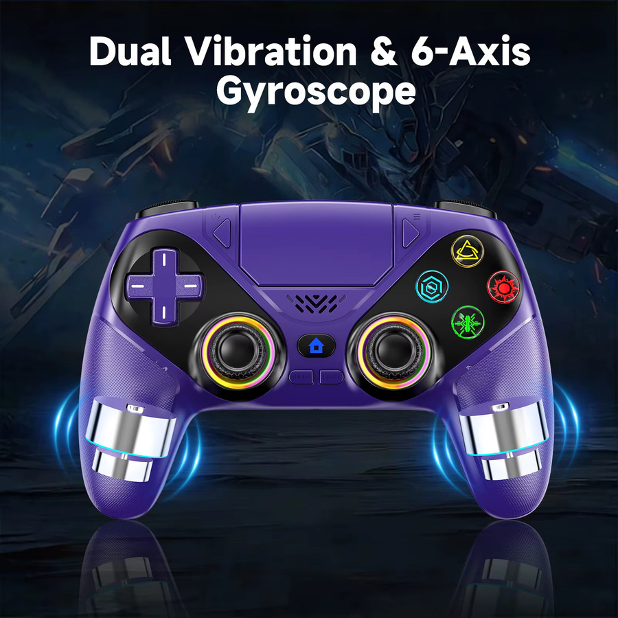 Bonadget Wireless Controller für PlayStation 5 und PC mit RGB-Beleuchtung, 6-Achsen-Gyro und Dual-Vibration in Weiß und Lila - Bild 3