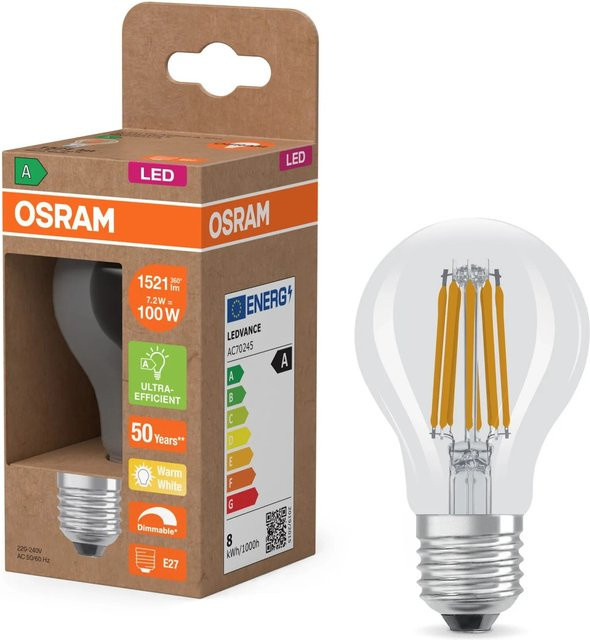 Osram LED-Lampe E27 Filament Glühbirne A60 in Klar, 7,2 W, 2.700 K Warmweiß, Höhe: 10,5 cm, Durchmesser: 6 cm - Bild 1