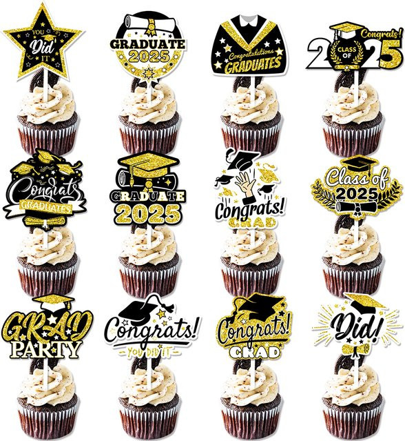 12 Stück Cupcake-Topper Abschlussklasse 2025 in Rot und Gold als glitzernde Lebensmittel-Vorspeisen-Picks für deine Abschlussfeier - Bild 1