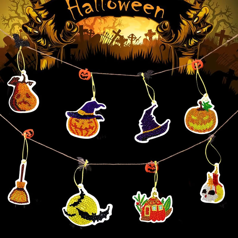 10er Set DIY Diamantmalerei Halloween Anhänger mit Kürbis, Spinne und Geist als Mosaik-Ornament in Mehrfarbig - Bild 6