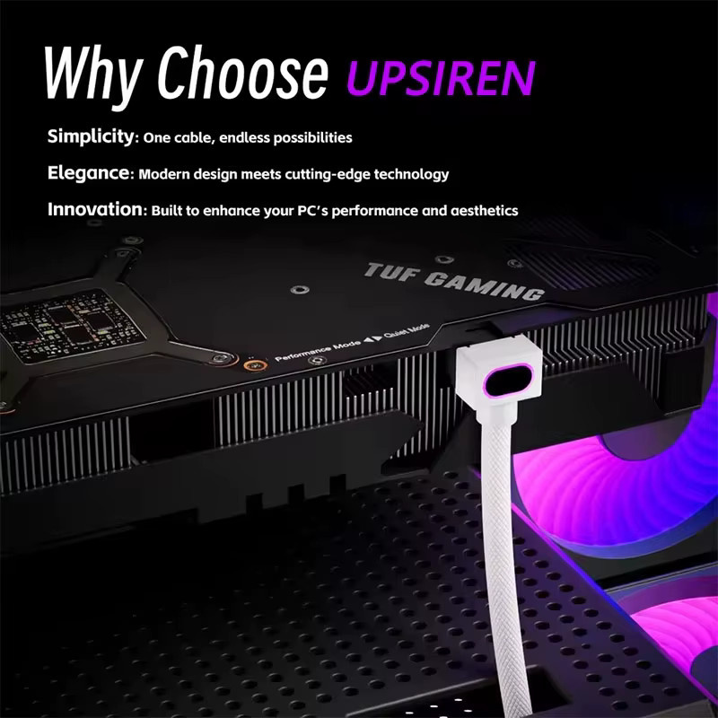 UPSIREN GPU 8PIN Verlängerungskabel mit ARGB 5V 3Pin, 90 Grad rechtwinkliges Design, 18AWG, männlich-zu-weiblich, Schwarz oder Weiß - Bild 2
