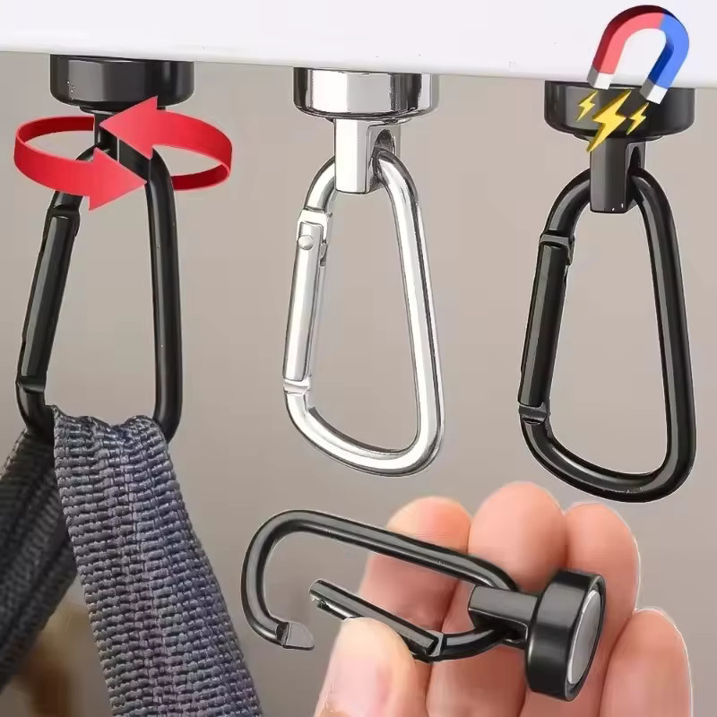 Mognot Magnetische Neodym-Haken mit drehbarem Karabiner in Schwarz-Silber für Küche, Garage und Kühlschrank - Bild 5