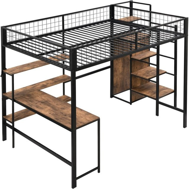 okwish Hochbett für das Kinderzimmer mit Schreibtisch und Treppe in Schwarz, B/T/H: 200 x 140 x 180 cm - Bild 1