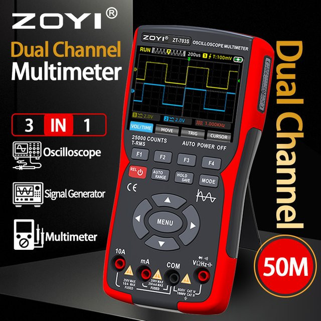 ZOYI 3-in-1 Zweikanal-Oszilloskop und Digitalmultimeter 50 MHz in Rot - Bild 1