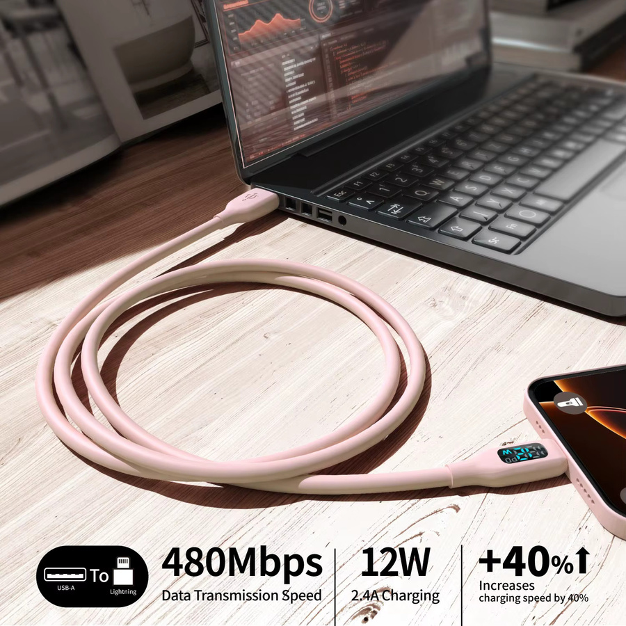 LAIHONEN MFI-zertifiziertes USB-A-auf-Lightning-Lade- und Datenkabel aus weichem Silikon mit LED-Digitalanzeige in Macaron-Pink für iPhone 14-8 Serie - Bild 2