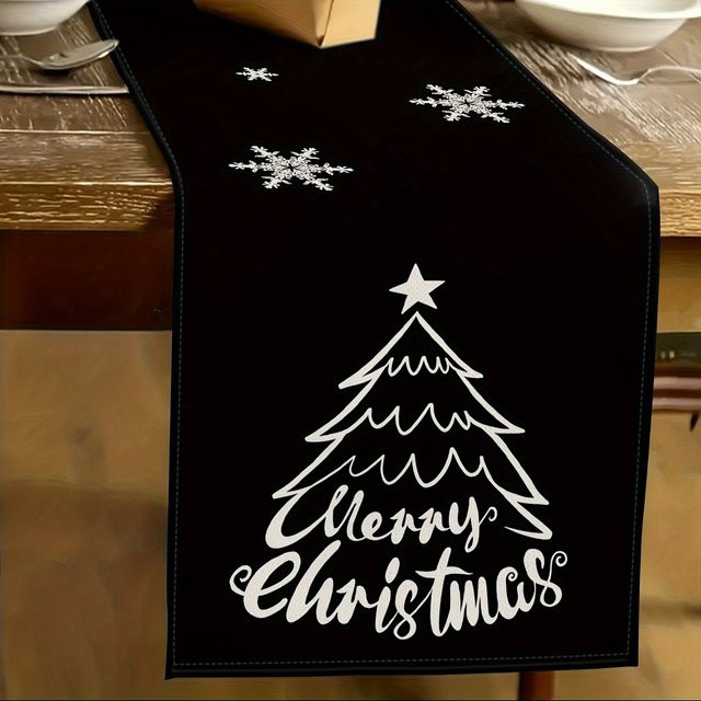 JIT Tischläufer Weihnachtsbaum und Schneeflocken Design, Leinen, Schwarz-Weiß, Rechteckig - Bild 1