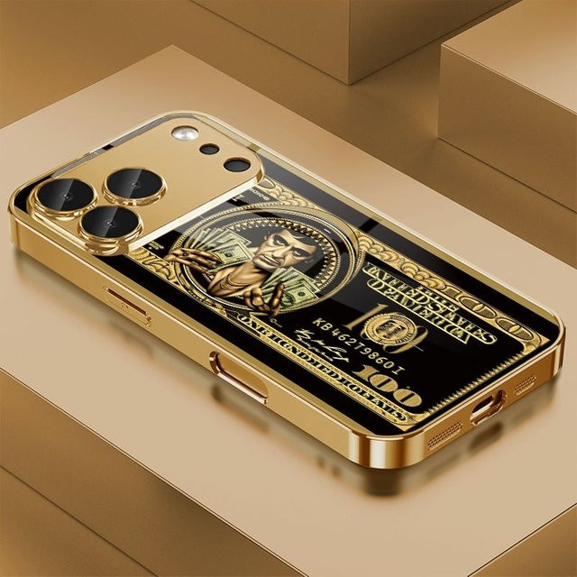 Handyhülle mit Kunstdesign-Muster für iPhone 11 bis 18 Pro Max Plus in Gold mit gehärtetem Glas - Bild 1