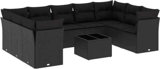 vidaXL 10-tlg. Garten-Sofagarnitur in L-Form aus Poly-Rattan mit Kissen und Stauraum, Schwarz - Bild 1