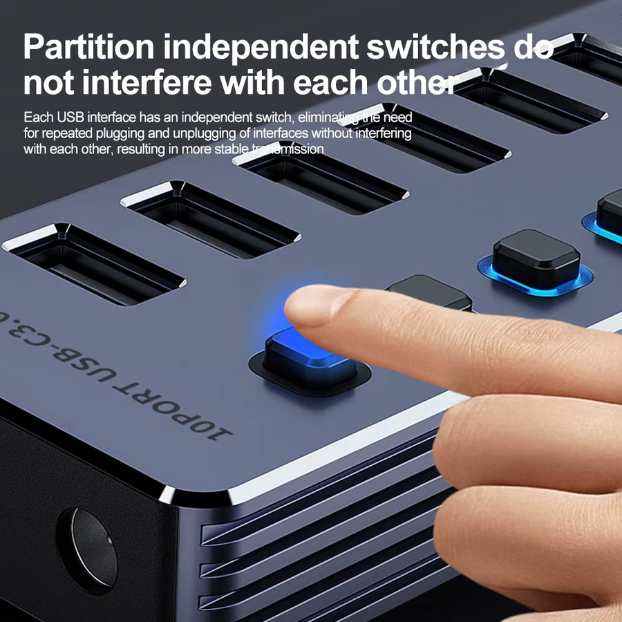 Kebidumei USB 3.0 Hub mit 10/7 Ports und Ein/Aus Schalter, Aluminium USB Splitter Erweiterungsstation in Silber für PC und Laptop inklusive 12 V Netzteil - Bild 5