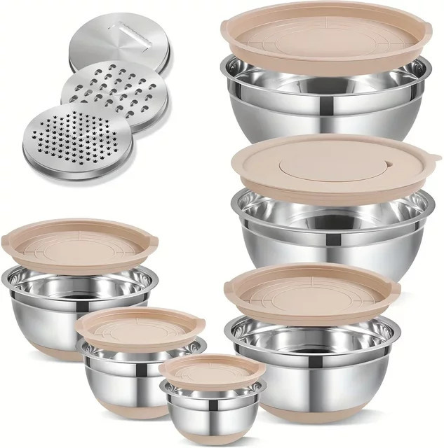 15er Set Edelstahl Rührschüsseln mit Deckel und Reibe in Silber und Beige - Bild 1