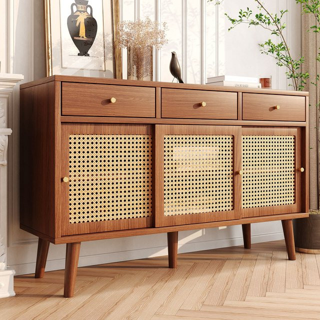 Aosom Sideboard aus massivem Holz mit Rattan-Elementen und 3 Schubladen sowie 3 Schiebetüren in Walnuss - Bild 1