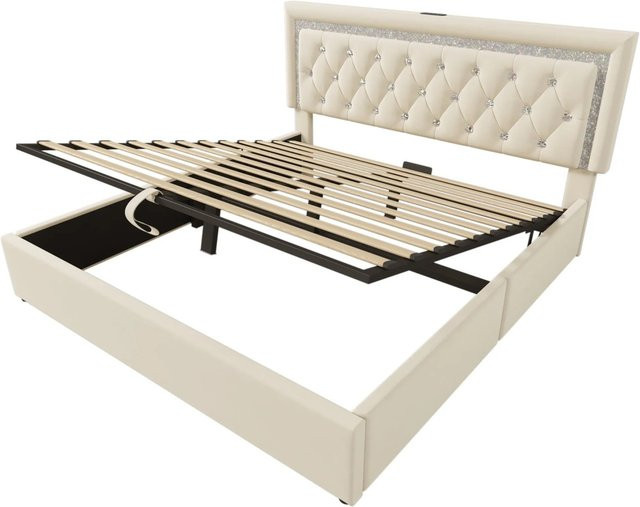 okwish Polsterbett Beige mit LED-Unterbettbeleuchtung, USB-Ladeanschluss und integriertem Leselicht, B/T/H: 140 x 200 x 104 cm - Bild 1
