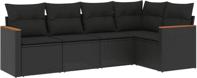vidaXL 5-tlg Garten-Sofagarnitur in L-Form aus Polyrattan und Akazienholz mit Kissen in Schwarz - Bild 1