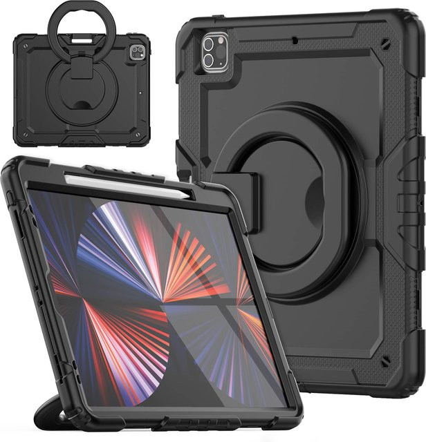 WeFor Stoßfeste Silikon Schutzhülle für iPad Pro 12.9 Zoll in Militärqualität mit Klappgriff und Schultergurt, Grün und Schwarz - Bild 1