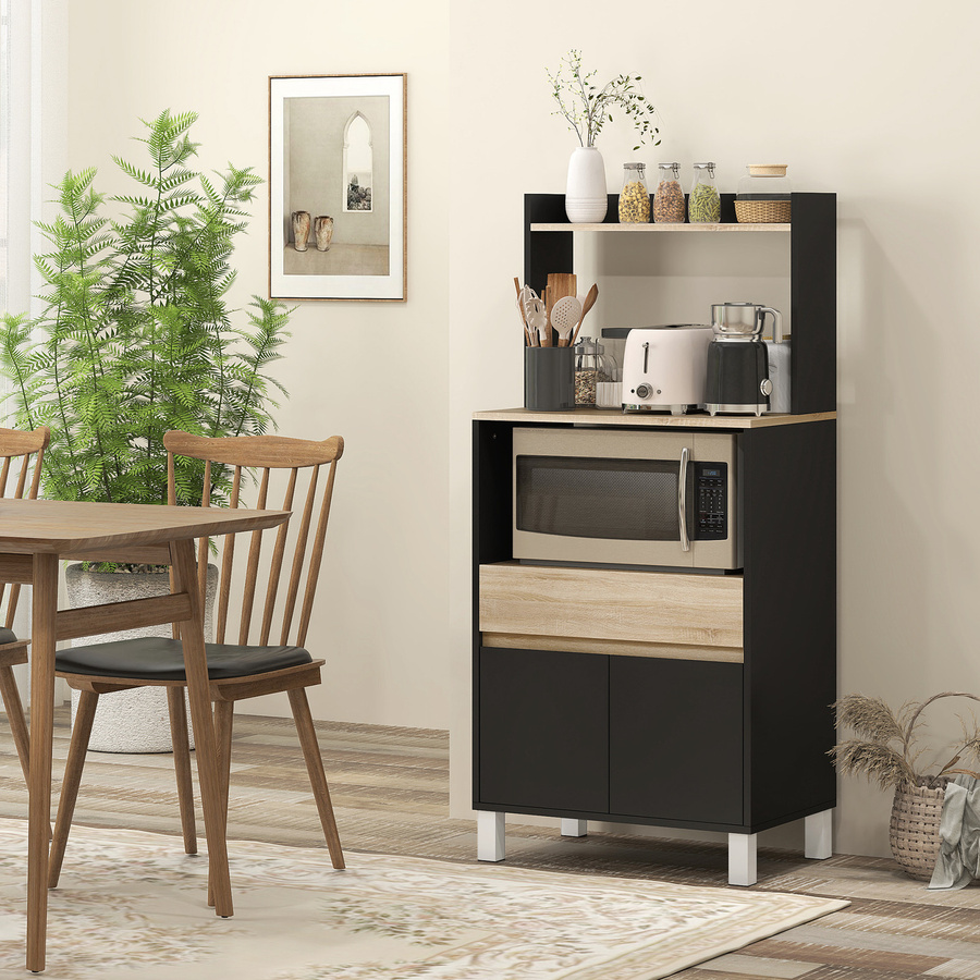 Aosom Mikrowellenmöbel Küchenbuffet mit Schrank Schublade und Oberregal in Eiche und Schwarz, B/T/H: 60 x 40 x 131 cm - Bild 2