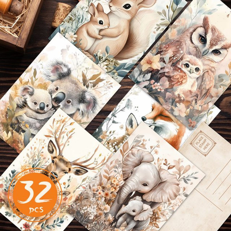 32 Stück Vintage-Tierpostkarten im Animal-Print Design, mehrfarbige DIY-Grußkarten aus Papier für deine Dekoration - Bild 1
