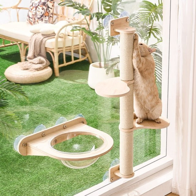 Katzenhängematte für das Fenster mit Saugnapf, beige, faltbare Sprungplattform aus Holz und Stoff für den Balkon - Bild 1