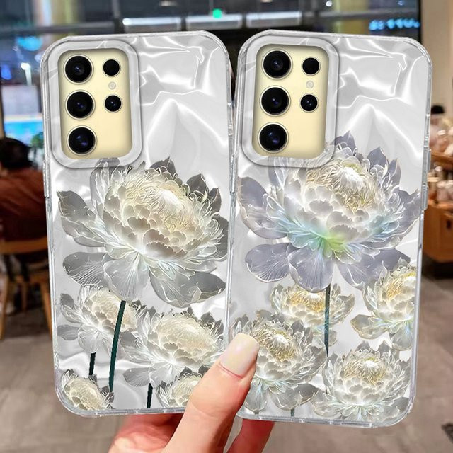Blumen INS Mädchen Luxus-Print Handyhülle für Samsung Galaxy S26 S25 S24 S23 S22 S21 S20 Plus FE Ultra in Weiß mit Lotus-Design - Bild 1