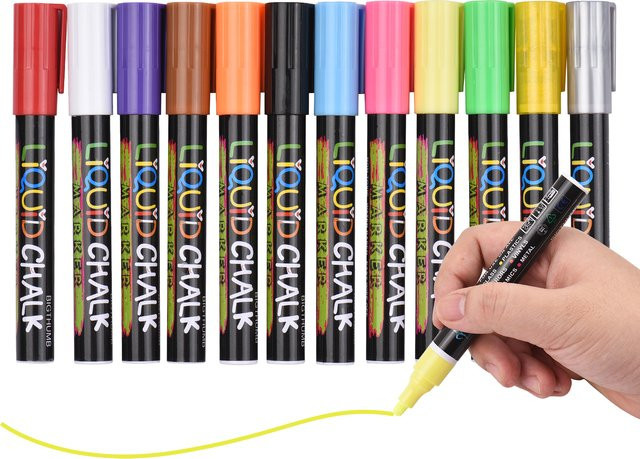 Aibecy Flüssigkreide-Marker Set mit 12 Farben, 3 mm umkehrbare Spitze, wasserbasierte und löschbare Markierungsstifte, ungiftig und schnell trocknend, Multicolor - Bild 1