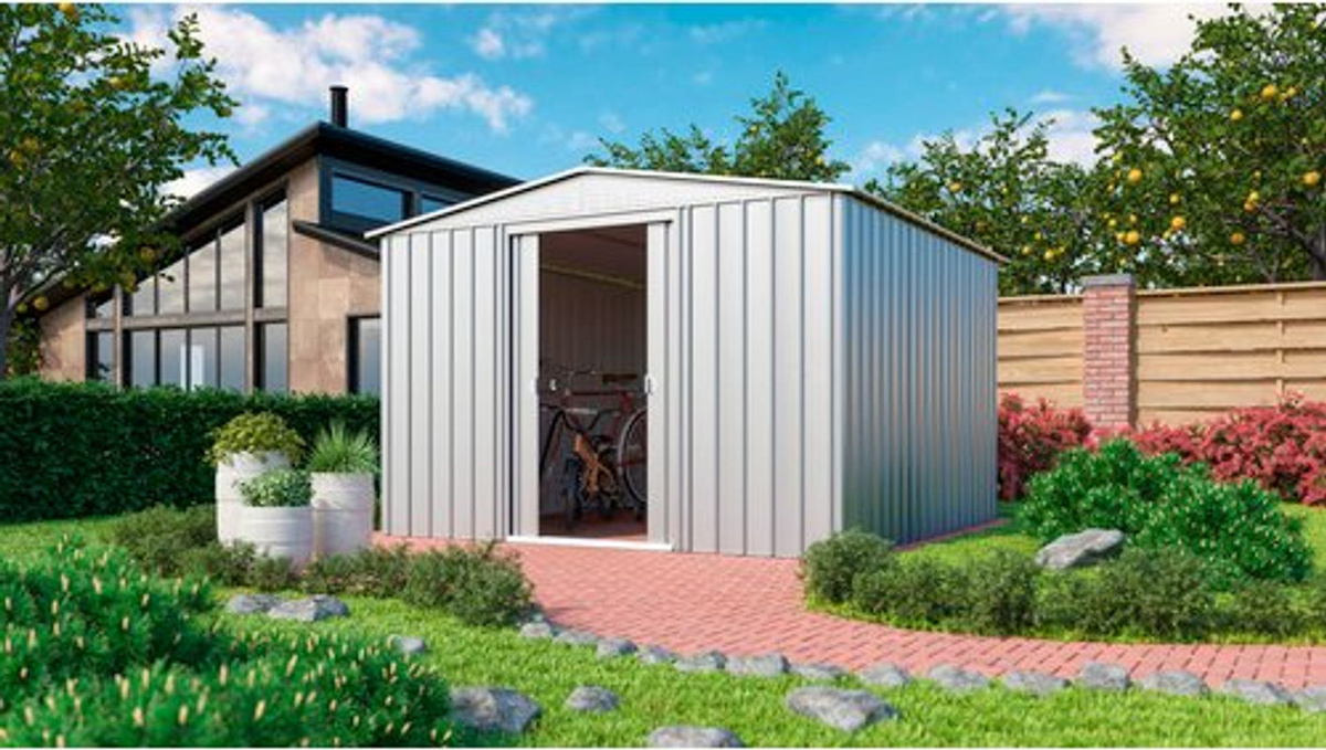 Globel Gerätehaus Dream aus Stahlblech mit Satteldach und Schiebetüren, silber metallic, B/H/T: 308 x 202 x 309 cm - Bild 4