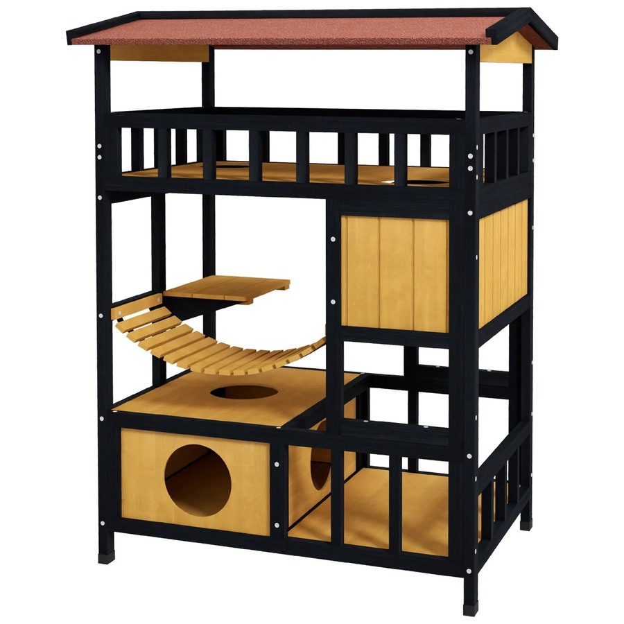 PawHut Outdoor-Katzenhaus aus Tannen- und Kiefernholz in Gelb, wetterfest mit erhöhtem Boden, B/T/H: 60 x 84 x 116 cm - Bild 2