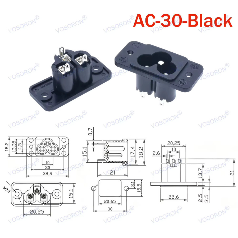 VOSORON IEC 60320 C6 3-poliger Stecker für Panelmontage, AC-Stromanschluss in Schwarz, 2,5A 250V Netzeingangsanschluss für Laptop-Adapter - Bild 2
