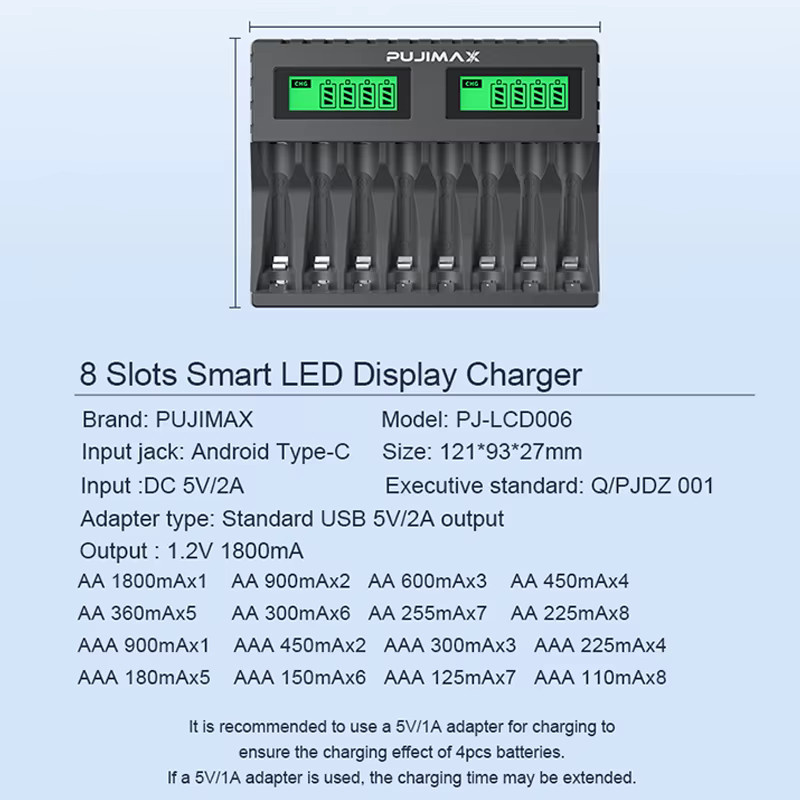 PUJIMAX 8-Slot-Akkuladegerät für AAA und AA Akkus mit LED-Anzeige und Kurzschlussschutz, USB-A Anschluss - Bild 2