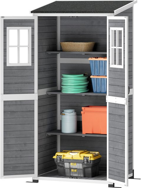 Outsunny Gartenschrank aus Tannenholz in Hellgrau mit abschließbarer Tür, Fenstern und Regalböden, B/T/H: 91 x 69 x 192 cm - Bild 1