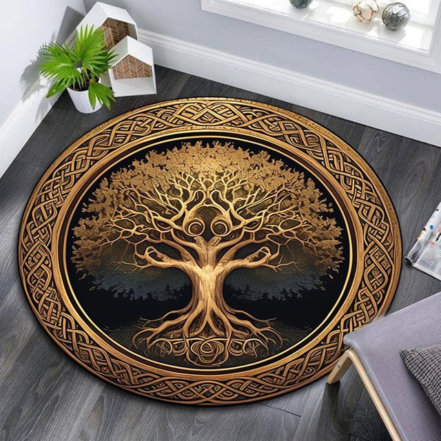 Runder Teppich Goldener Baum von Manus Home, abstrakte Bodenmatte aus Polyester für Wohnzimmer und Schlafzimmer, rutschfest und waschbar, Durchmesser: 80 cm - Bild 1