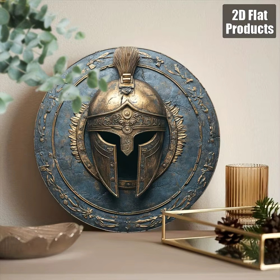 HELLOYOUNG Spartan-Krieger-Helm Wanddekoration aus Metall in Gold mit antikem Schild-Design, Durchmesser: 20 cm - Bild 3
