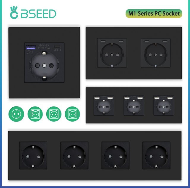 BSEED Wandsteckdose mit USB-Typ-C-Anschluss, 20 W Schnellladung, Schwarz, Kunststoffplatte, 16 A - Bild 1