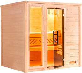 WEKA Massivholzsauna Bergen 2 für 6 Personen in Braun inklusive 7,5 kW Ofen mit externer Steuerung und Sparset mit Glastür und Fenstern - Bild 1