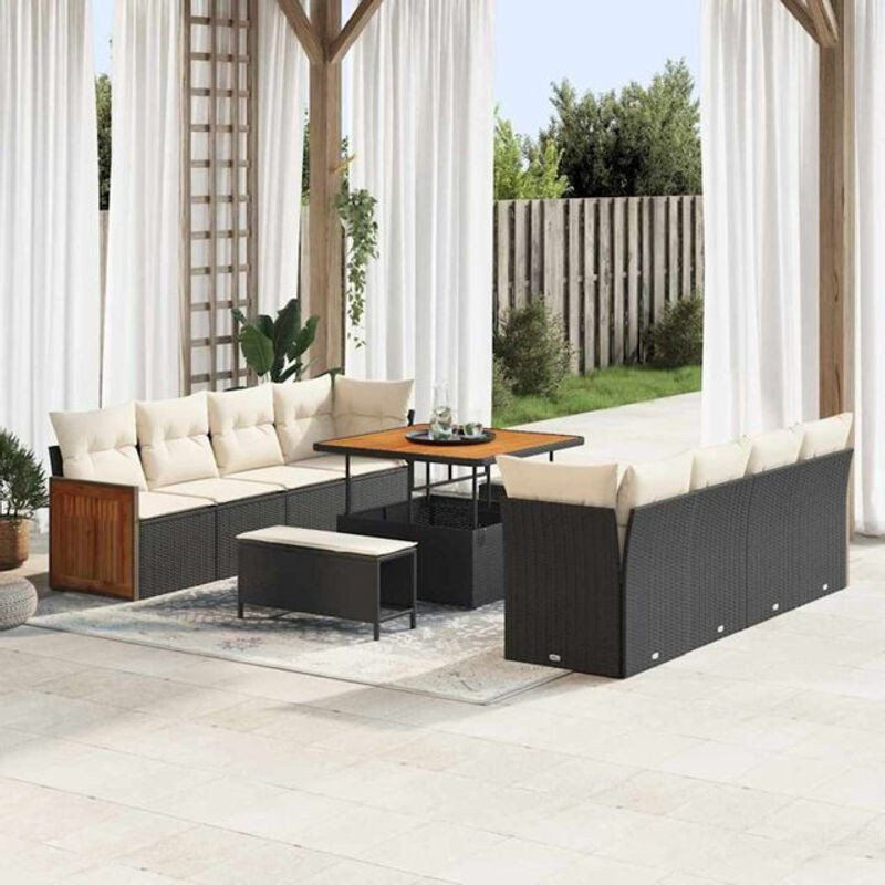 Vidaxl Garten-Sofa-Set aus Polyrattan und Akazie, 11-teiliges Loungemöbel-Set in Schwarz und Creme, B/T/H: 100 x 100 x 71 cm - Bild 1