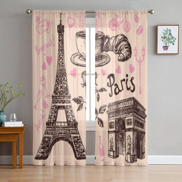Super Six Transparenter Chiffon-Vorhang mit Paris Eiffelturm und Bäckerei Motiv in Weiß, B: 135 cm, H: 114 cm - Bild 1