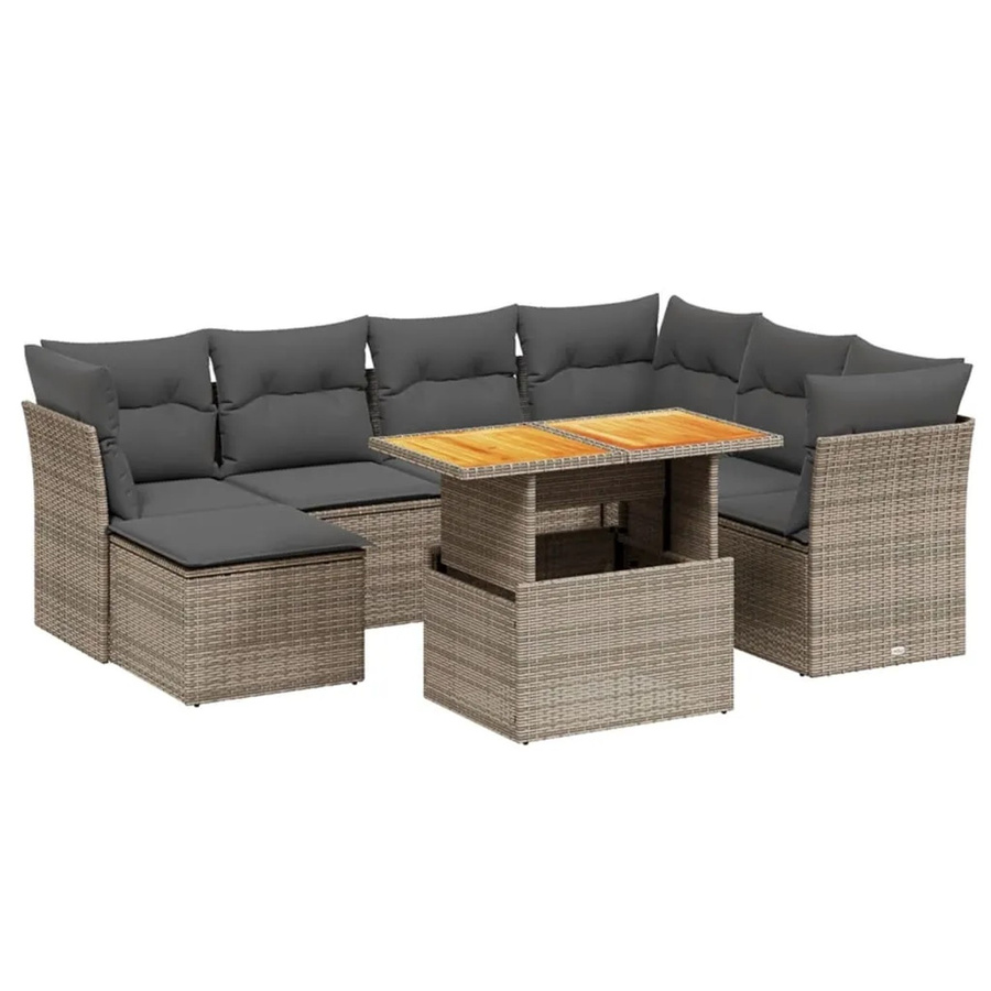 vidaXL 8-teilige Garten-Sofagarnitur in L-Form aus Poly-Rattan und Akazienholz mit Kissen in Grau - Bild 2