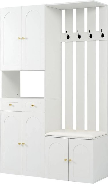 okwish Garderoben Set mit Schuhbank und Haken in Weiß, modern, B/T/H: 110 x 37 x 180 cm - Bild 1