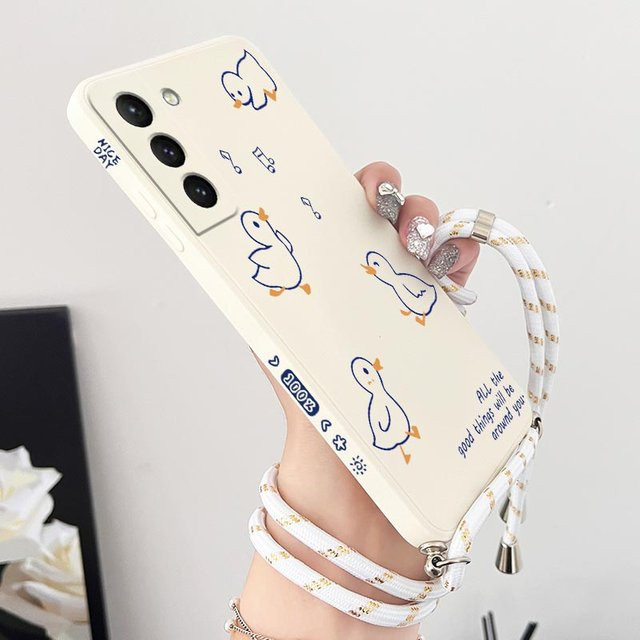 Happy Baby Duck Silikon Handyhülle mit Crossbody Lanyard für Samsung Galaxy S23 S22 S21 S20 S10 S8 Plus Note 20 Ultra 10 Plus in Weiß - Bild 1