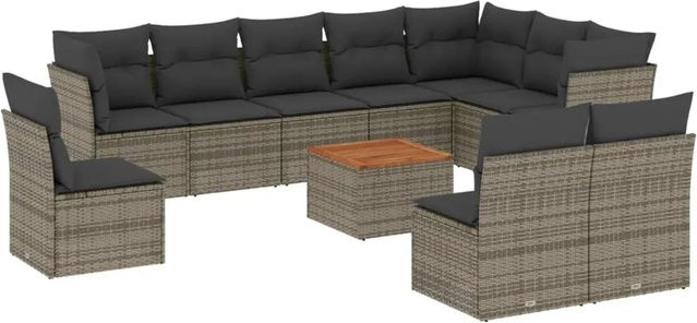 vidaXL 11-teilige Garten-Sofagarnitur aus Polyrattan in Grau mit Sitzkissen und Tisch in L-Form - Bild 1