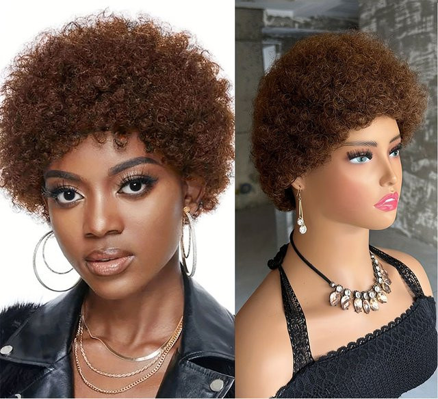 Linhua Afro-Perücke, kurze lockige Pixie-Perücke aus Echthaar, Damen, Schokoladenbraun - Bild 1