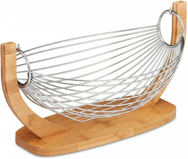 Relaxdays Obsthängematte aus Bambus und Edelstahl in Natur mit den Maßen B: 38 cm, H: 18,5 cm, T: 23 cm - Bild 1