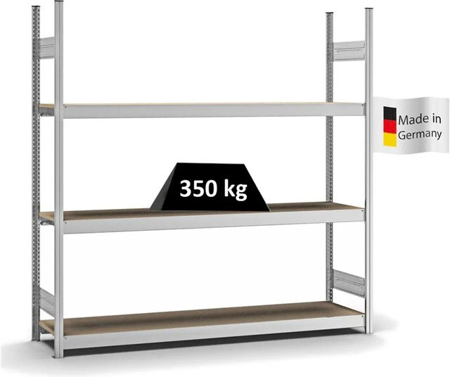 PROREGAL Weitspannregal Stecksystem T-Profil mit 3 Ebenen Spanplatten Fachböden, verzinkt, Farbe: Silber, H x B x T: 200 x 200 x 40 cm - Bild 1