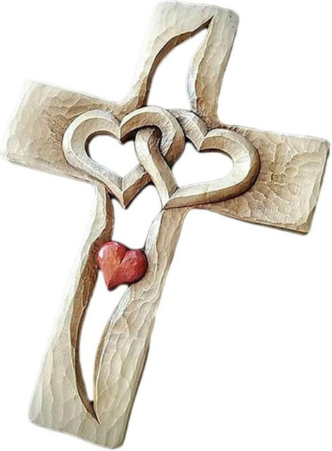 Handgeschnitztes Holzkreuz mit verschlungenen Herzen von CosyHome in Beige zur Wanddekoration - Bild 1