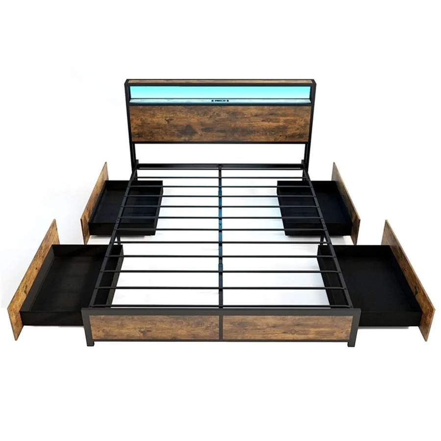 Costway Bett im Industriedesign mit LED-Beleuchtung, USB-Ladestation und Schubladen in Braun und Schwarz, B/T/H: 160 x 200 x 165 cm - Bild 2